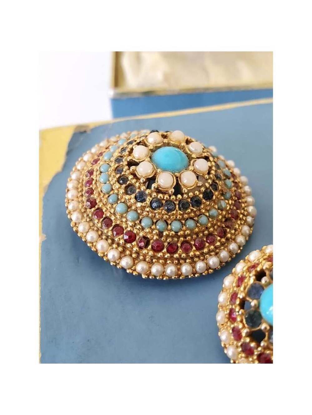 Vintage Art Designer Multicolor and Faux Pearl Dome Brooch & Clip On Earring Set - Picture 4 of 8